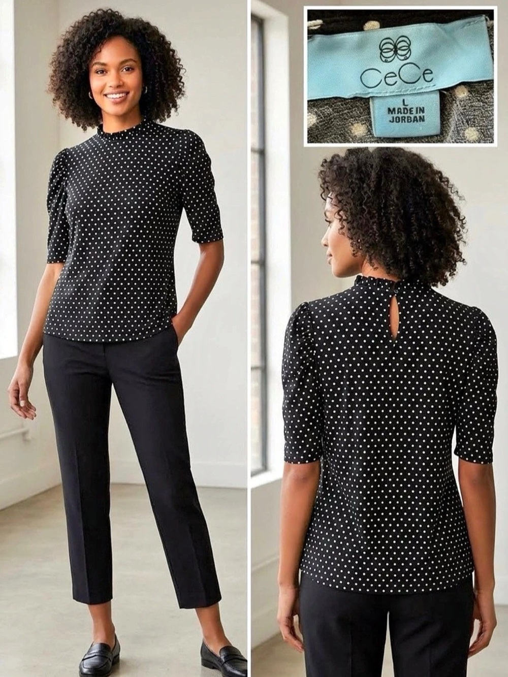 CeCe Polka Dot Mock Neck Puff Sleeve Blouse Black & White Large. NWOT